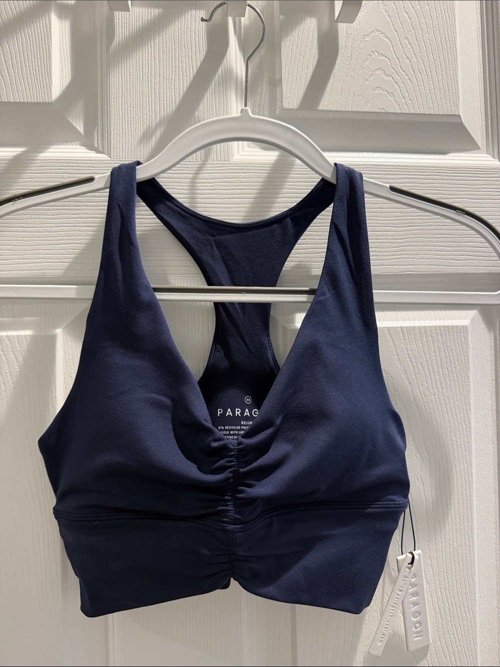 NWT PARAGON Reluna Navy Rouched Front Racerback Sports Bra